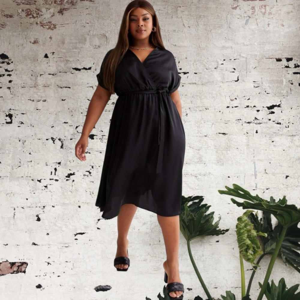 New Look Black satin faux Wrap cap sleeve V neck belted midi Dress Size 26